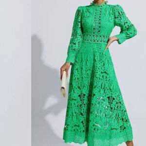 Catchall Green Lace Midi Dress Emerald High Neck Long Sleeve S NWT
